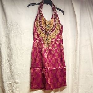 Halter neck designer indian and pakistani dress in color purple and gold